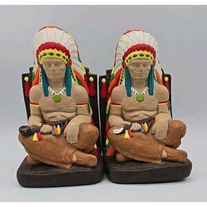 Native American Vintage Hand Painted Plaster Book Ends Peace Pipe